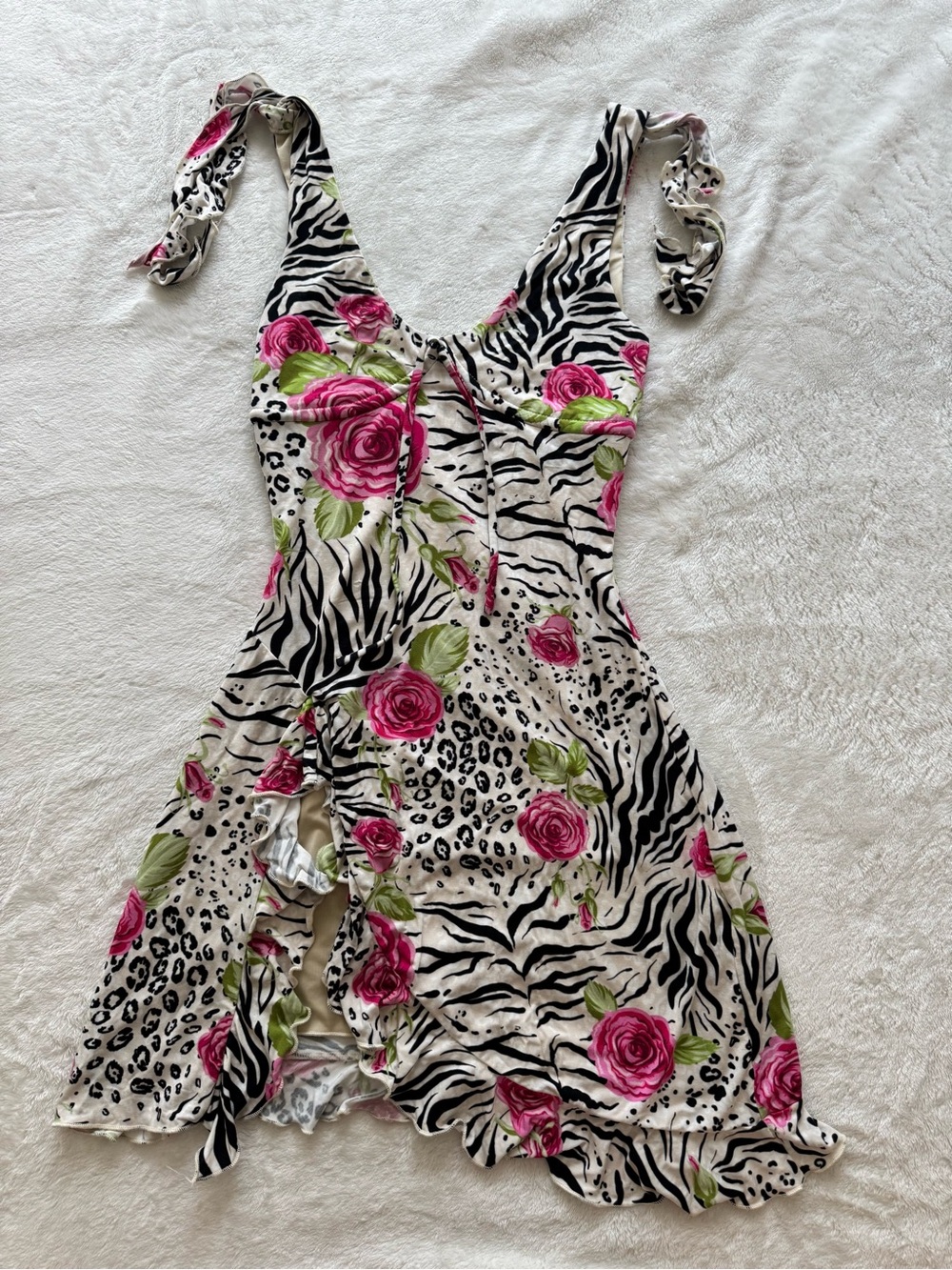 Tiger Mist White Floral & Zebra Print Tie-Shoulder Mini Brynne Dress